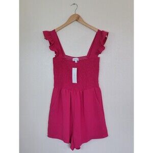 GILLI Pink Romper High Waist Ruffle Sleeve Smocked Womens Size Medium NEW